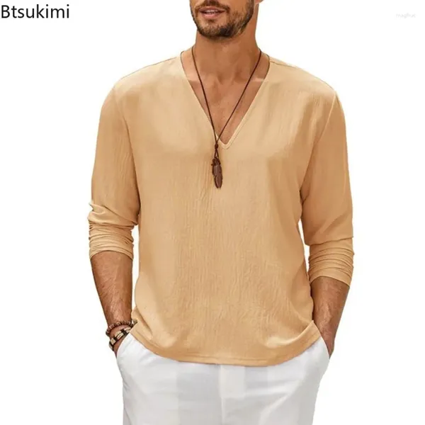 Camicie da uomo 2024 maglietta a maniche lunghe in lino di cotone camicia traspirante color ginnastico a v-collo casual tops di base maschio versatile magliette versatili semplici