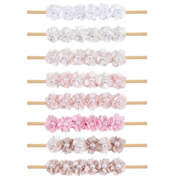 24pc/Los niedliche Perle Blume Stirnband Baby Mädchen Strassblume Nylon Stirnband Kinder Perlen Blumenstirnbänder Haarzubehör 240325