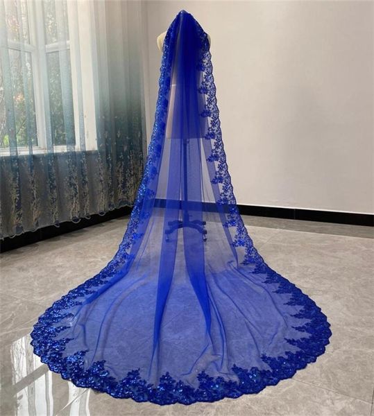 Brautschleier Royal Blue Hochzeit Kathedrale lange eine Schicht mit Kamm Tüllzubehör 3 4 5 Meter Schleier für Bräute Pailletten Lace5544461