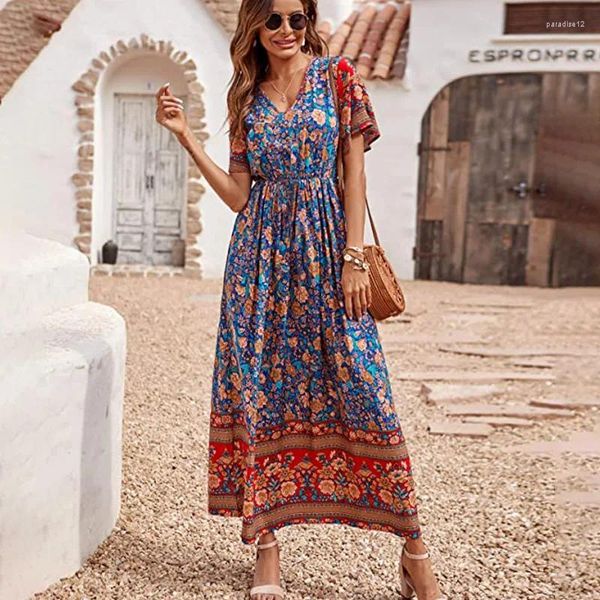 Parti Elbiseleri Happie Queens Kadın Çiçek Baskı Kısa Kol Beach Bohemian Maxi Elbise Bayanlar V Yastık Rayon Boho Vestidos