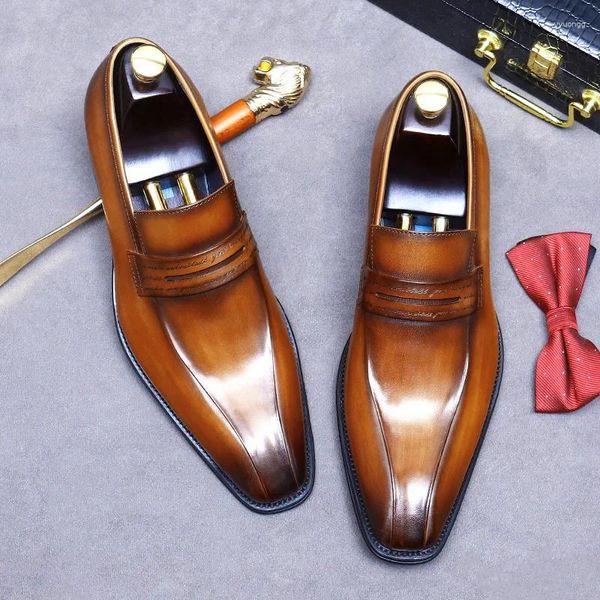 Scarpe casual classiche Italia da uomo Oxford Real Leather Giallo Slip on punta Abito da festa per matrimoni formali per uomini