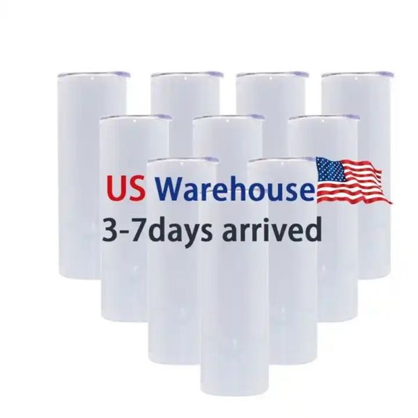 US/CA Stocked 20oz Süblimasyon Kupaları Düz ​​İnce Paslanmaz Çelik Tumblers Plastik Kapak ve Saman Arabası Vakum Yalıtımlı Su Şişeleri ile DIY Baskı için Kupalar 0403