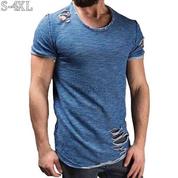 T-shirt maschile Plus size 4xl Summer Streetwear Hole Thirts Men Cash Short Shor Solid Maglietta Slip Fit Shirt Shirt Homme New Men vestiti 2443