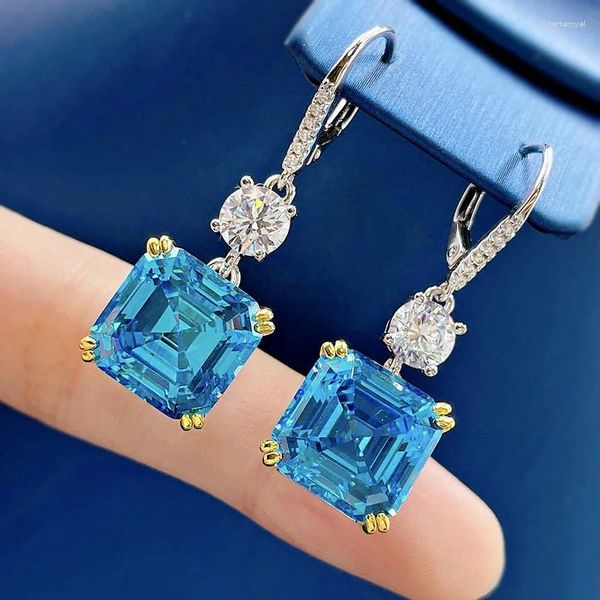 Dangle Ohrringe Original 925 Sterling Silber Ohrring Asscher Schnitt 12 mm Aquamarin Diamant Hochzeitstropfen für Frauen Schmuck