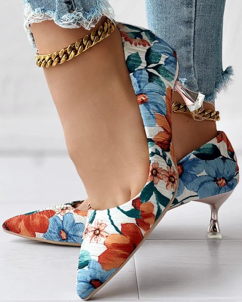 Насосы женские туфли Daily Wear Party Club Elegant Fashion High Heels Floral Print Piramid Pucel насосы