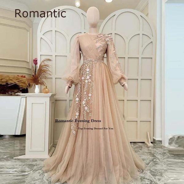 Vestidos de festa românticos elegantes tule de renda de renda Flores de contas Bordado à noite A-line Long Dress Long Dress Arábia Saudita vestidos de baile