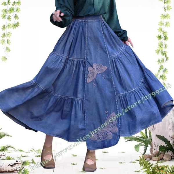 Gonne Gonna slim retrò Elegante torta 2024 Primavera Farfalla Ricamo Stile etnico Pieghe Denim Lungo da donna Maxi