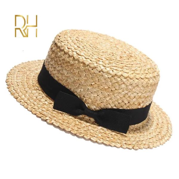 Verão Feminino Natural Stiff Trigo Palha Boater Fedora Top Flat Hat Mulheres Praia Flat Brim Cap Com Red Navy Stripe Ribbon RH 240327