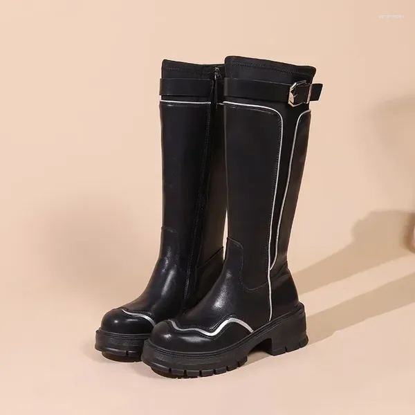 Stiefel Weibliche Schuhe zum Verkauf 2024 Hohe Qualität Seitlicher Reißverschluss Damen Winter Runde Zehe Feste Röhre Chunky Heels Ritter