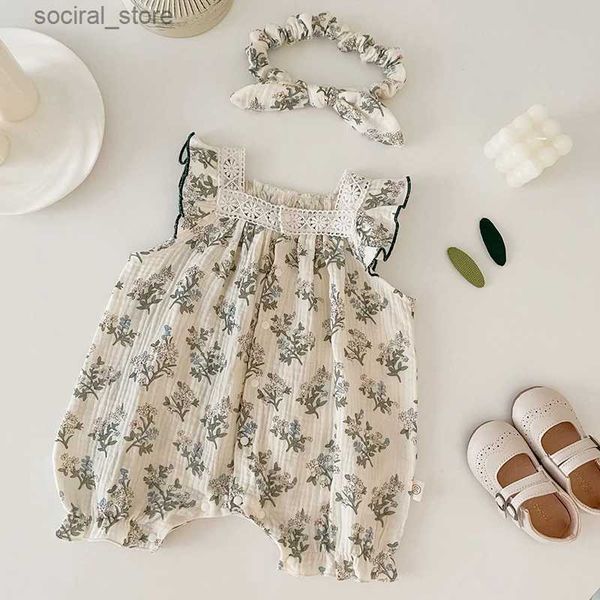 Rompers Summer Bambini per neonati per neonati per bambini neonati neonati bodysuits+capelli a fascia senza maniche in pizzo fiore ganer per bambina abbigliamento l240402