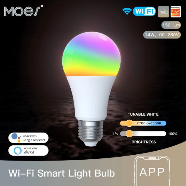 Controlla la lampadina LED intelligente WiFi dimmerabile 14W RGB C+W E27 che cambia colore 2700K6500K Controllo app Tuya Smart Funziona con Alexa Google