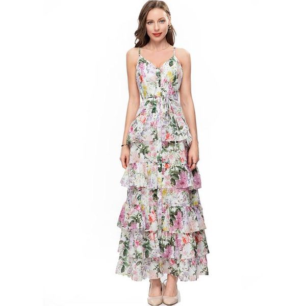 Landebahnkleider Damen Spaghetti -Träger gedruckte Blumenstufe Rüschen Fashion Holiday Vestidos Drop Lieferbekleidung Kleidung DHB38