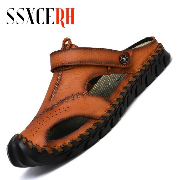 Sandalet Klasik Erkekler Sandalet Yaz Üst Katman Cowhide Erkekler Sandalet Yumuşak Erkekler Yuvarlak Toe Plaj Sandalet Slipon Erkek Ayakkabı Büyük Boyut 3848