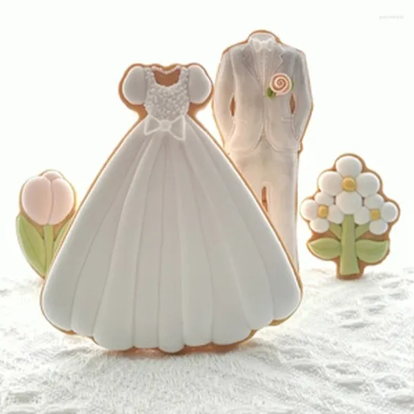 Backformen Hochzeitsdessert Keksschneider und Fondant -Embosser Süßes Cartoon Kleid DIY Handpresse Keks Formen Acrylwerkzeuge