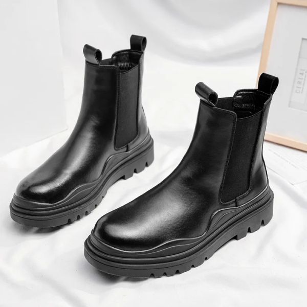 Stiefel britische Herren Freizeit Punk Hip Hop Kleid echte Lederstiefel Schwarze Plattform Schuhe Cowboy Boot High Top Botas Mans