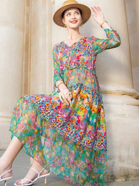 Hochwertiger Sommer Beach Boho Vintage Print Chiffon gegen Neck Kleid elegante Party -Robe -Designer Vestidos Loose Midi Kleider 240321