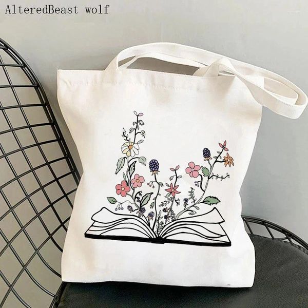 Einkaufstaschen Frauen Käufer Tasche Blumenbuch gedruckt Kawaii Harajuku Leinwand Mädchen Handtasche Tasche Schulter Lady