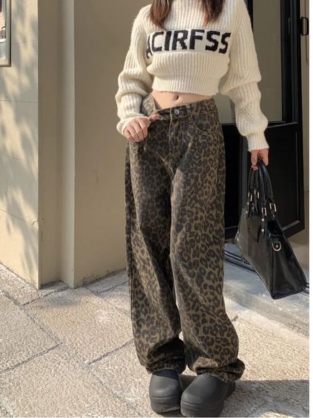Американский винтажный леопардовый принт свободных женских джинсов Осенняя классическая прямая высокая талия.