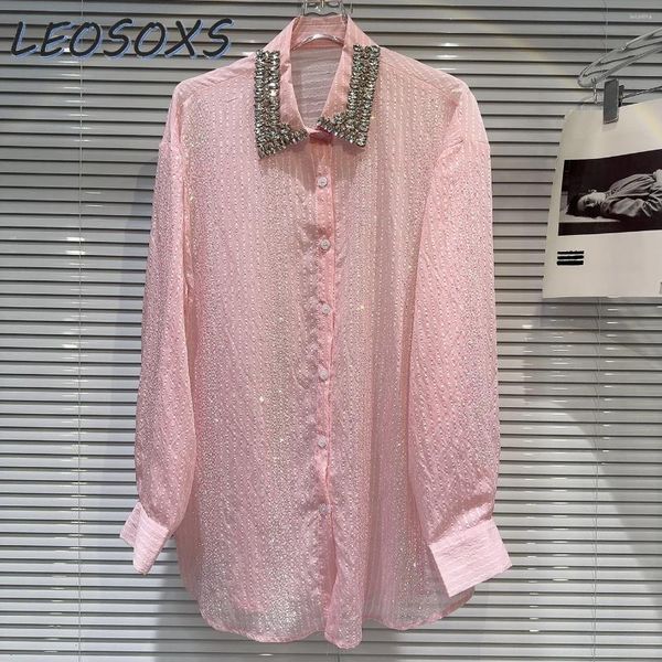 Blusas femininas doce menina blusa 2024 verão nicho strass frisado colar pesado bordado perfuração doce cor proteção solar camisa topo