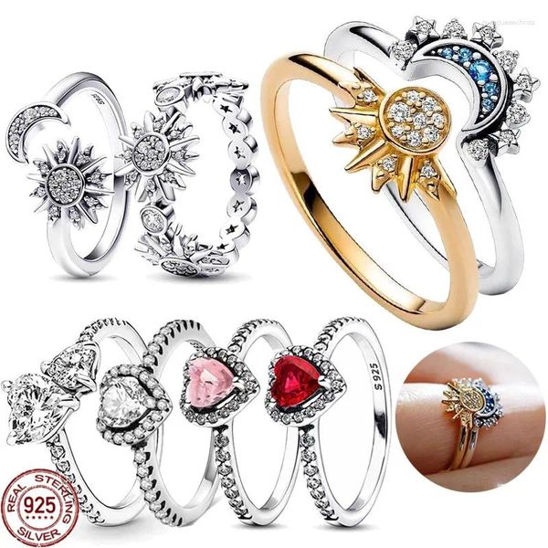 Anelli a grappolo che vendono anelli in argento sterling 925 classici con sole e luna Corona abbagliante a forma di cuore con fascino di lusso leggero Regali per gioielli da donna