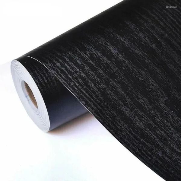 Papéis de parede Black Wood Wood Grain espessamento de papel de parede móveis de cozinha armário de cozinha PVC adesivos de parede impermeáveis autoadesivos