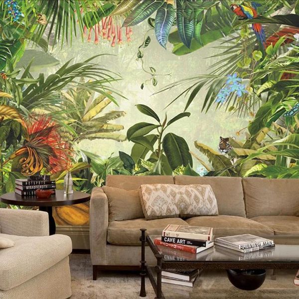 Tapeten Dschungelbaumtier Wandgemälde 3D European Vintage Handmale Tropical Blätter Papier für Wohnzimmer Fernseher Brötchen