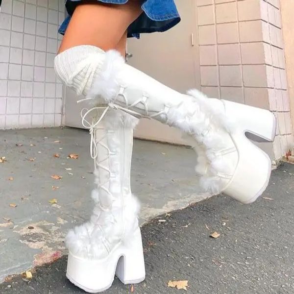 Stiefel Ippeum Bratz Schuhe Blaue Wachsamkeit Chunky Plattform Stiefel Lolita Weiß Schneeplüsch Gothic Knie Boote Y2K Doll Schuhe für Frauen