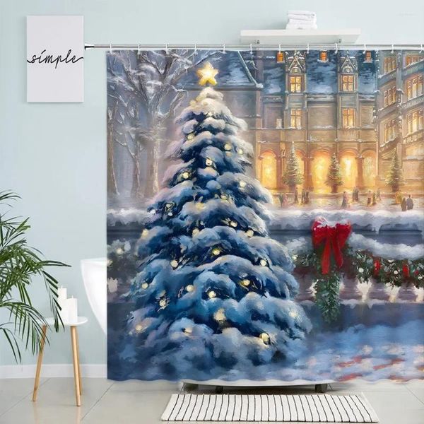 Tende da doccia Buon Natale Tenda Albero Inverno Città Neve Scena notturna Pittura a olio Arte Decorazione della parete del bagno con schermo con gancio