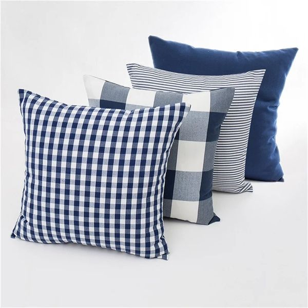 2024 Новый клетчатый полосатый полиэфир хлопковой холст подушка подушка корпус темно -синий стул диван домашний декор.
