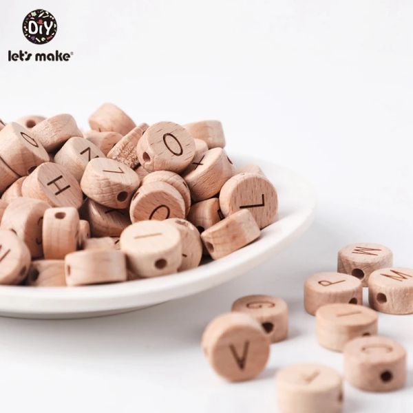 Zähnen machen wir 50 PC DIY Handmaking Holzperlen runden Buchenholz Alphat Englische Buchstabenperlen für Rasseln Babyspielzeug Holz Teether