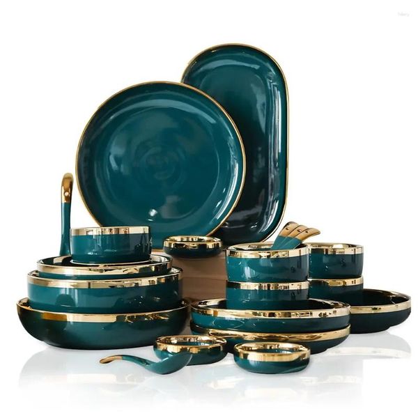 Tigelas tigelas utensílios de luxo para louça de mesa pratos de cerâmica pratos jantares verdes com cozinha dourada e tigela