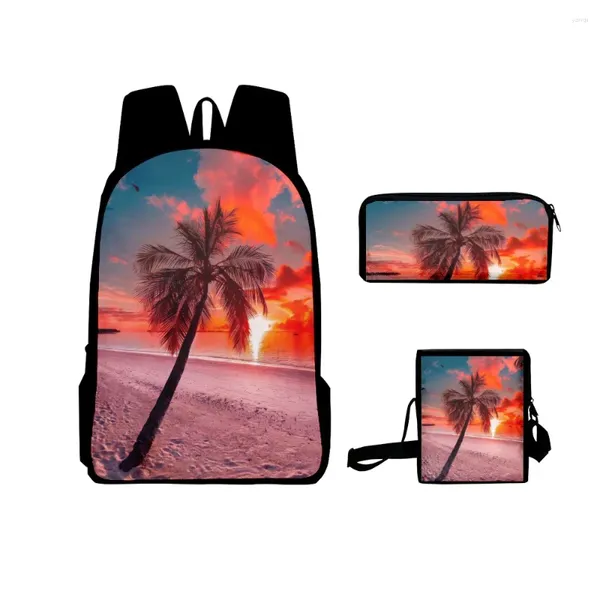 Zaino giovanile Coconut Tree stampa 3D 3 pezzi/set borse da viaggio per studenti zaino per laptop borsa a tracolla astuccio