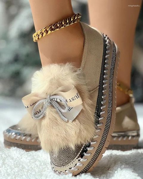 Sapatos casuais femininos flats strass bowknot decoração fuzzy detalhe slip-on mocassins dedo do pé redondo saindo