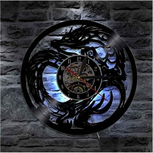 Relógios de parede Dragon Art Clock Battery Operou Modern Design Record com lâmpada LED Home Lar Room Decoração Droga Droga DHHGW