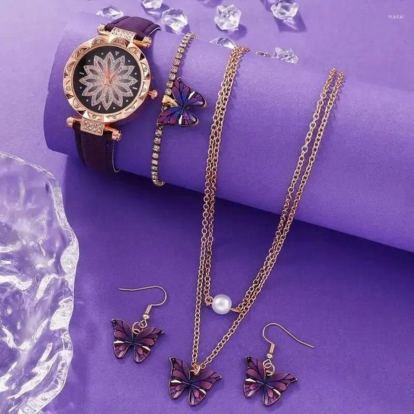 Armbanduhren 5pcs Frauenmodentrenddesigner Sunflower Digital Zeigergürtel Quarz Watch Purple Butterfly Ohrringe Halskette Armband Set