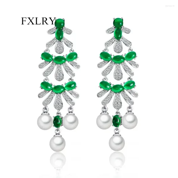 Dangle Ohrringe fxlry hochwertige dunkelgrüne Kubikzirkonias langer Perlbaum für Frauen Hochzeit Schmuck baumeln