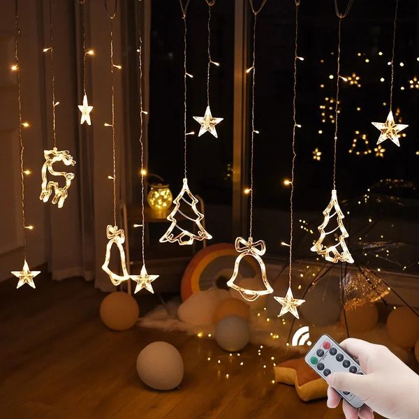 Luzes de Natal LED Dear Star Moon String Light Fairy Curtain Garland Outdoor para Festas de Férias de Árvore Decoração do Ano de Natal 240329