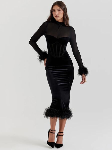 Mozision Elegant Feather Sexy Midi платье для женщин черная мода прозрачная длинная рукава Bodycon Club Party 240319