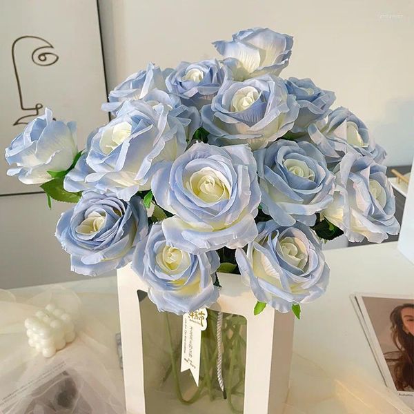 Dekorative Blumen 1PCS Künstliche Simulation Blume zerbrochene Eisblau weiße Rose Valentinstag Home Dekoration Hochzeitspographie Bouquet