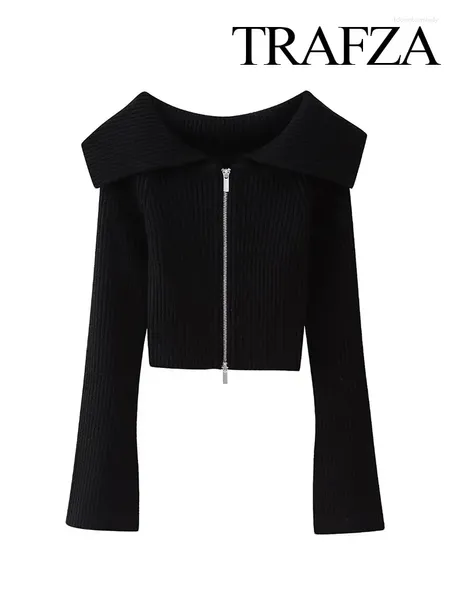 Maglieria da donna TRAFZA Top in maglia a maniche lunghe nero da donna Streetwear Cardigan corto da donna Maglioni corti lavorati a maglia con cerniera primaverile