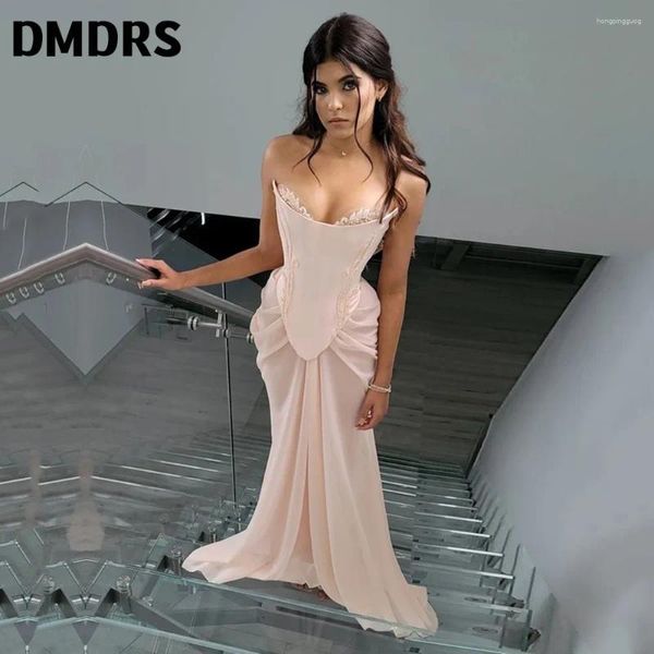 Partykleider handgefertigt drapiert erröten rosa Abendkleid Nackt Chiffon Sheer Mesh Korsett High Slit Crystal Lace Hochzeitskleid Formal