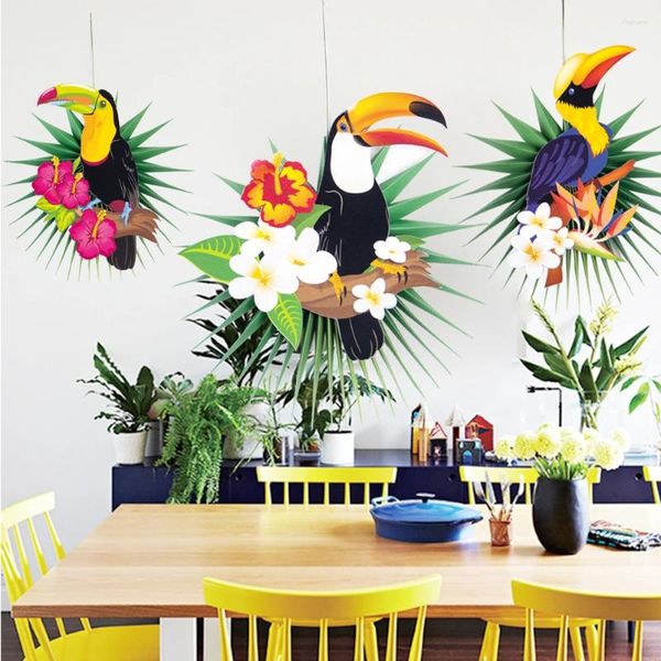 Party-Dekoration, 3 Stück, Tukan-Papierfächer, hängende Palmblätter für Dschungel, tropisches Thema, hawaiianische Sommer- und Kindergeburtstagslieferungen