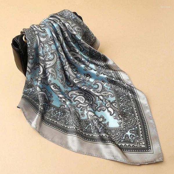 Schals 2024 Bandana Seide Quadrat 90/90 cm Schal Frauen Satin Schal Wrap Hijab Weibliche Haarband Handgelenk Kopftuch