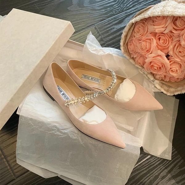 Sapatos casuais meninas cinta de cristal deslizamento-em apartamentos apontou toe capa salto feminino primavera cor sólida chinelos rosa zapatos mujer