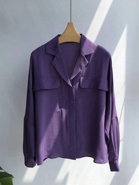 Camicette da donna seta blusa morbida viola per la donna vintage francese con tacchetti single a petto singolo tasche a doppia tasca tops