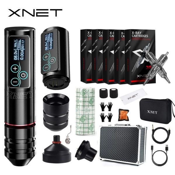 Máquina XNET VANE sem fio Tattoo Hine Kit sem escova Kit de tatuagem de motor com 2400mAh Bateria de 100pcs Premium Misto Cartucho de Tamanho Misto