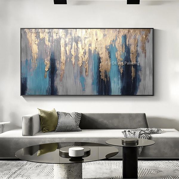 % 100 el boyalı soyut modern yağlı boya gri mavi altın folyo tuval boyama soyut sanat duvar sanatı oturma odası yatak odası otel dekor