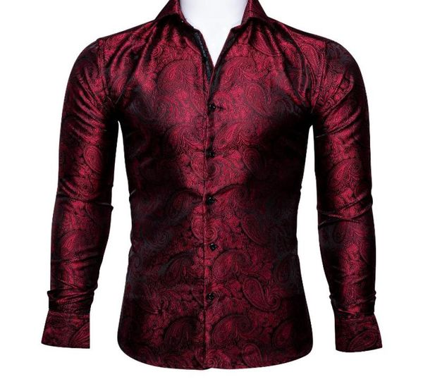 Men039s camisas de vestido barrywang luxo vermelho paisley seda homens manga longa flor casual para designer ajuste camisa bcy0026men039s2216473