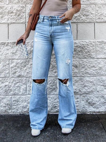 Женские джинсы, женские мешковатые рваные расклешенные брюки в стиле панк, свободные джинсовые брюки большого размера, уличная одежда, модные потертые длинные брюки-клеш