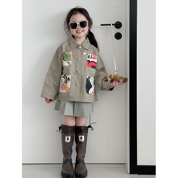 Fashion Girls Cartoon Stampato Trench Cargo Trench Kids Kids Single Sfrigio Singora Long Outwear Gonna in pelle PU La gonna pieghetta Z7495